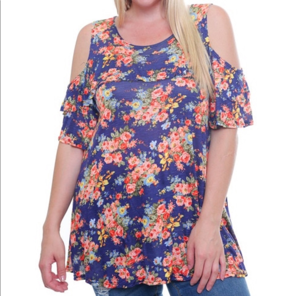 PLUS SIZE 1X-3X Open Shoulder Floral Tunic - Picture 2 of 3